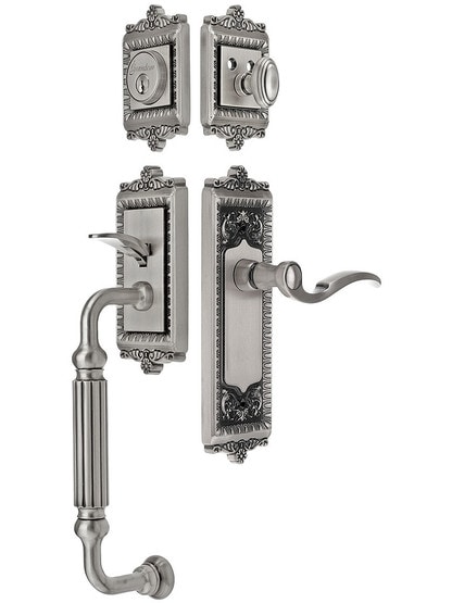 Windsor Entry Lock Set in Antique Pewter Finish with Left-Handed Bellagio Lever and